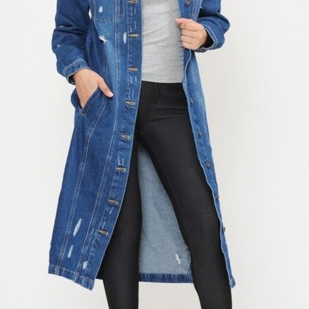LIGHTLY DISTRESSED LONG DENIM JACKET - Picture 3 of 5